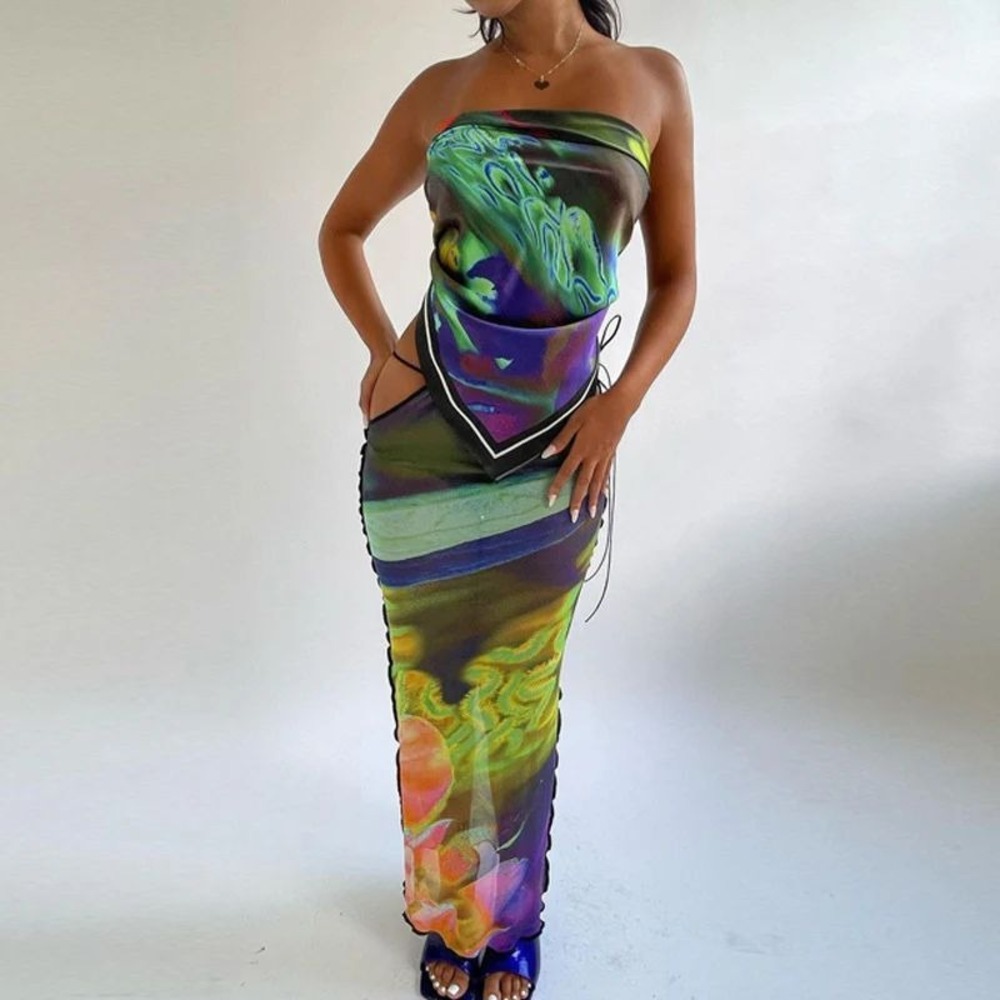 Micas Vibrant Multicolor Strapless Cut-Out Maxi 2 piece‎ Dress Party Wear Size L
